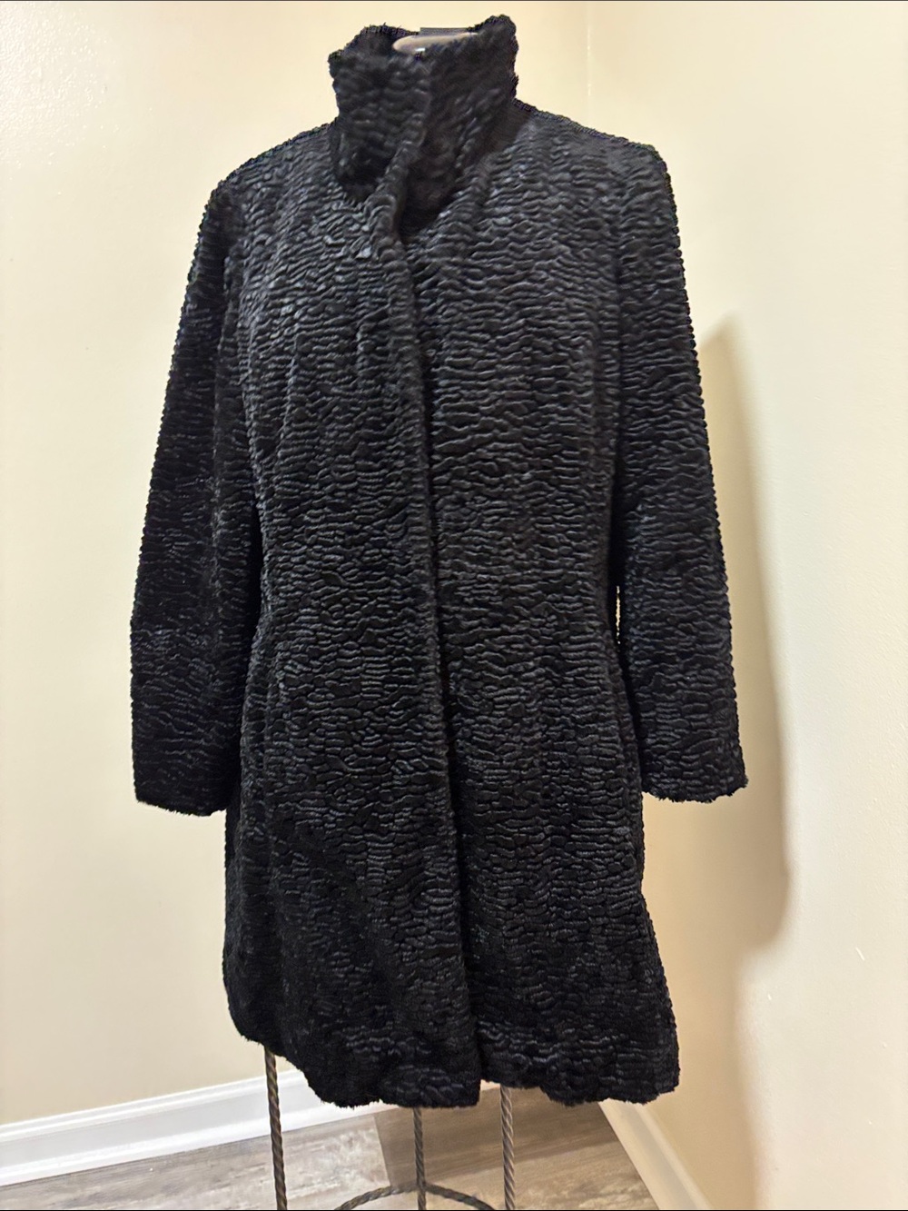 White House Black Market Black Faux Fur Textured Stand Collar Coat